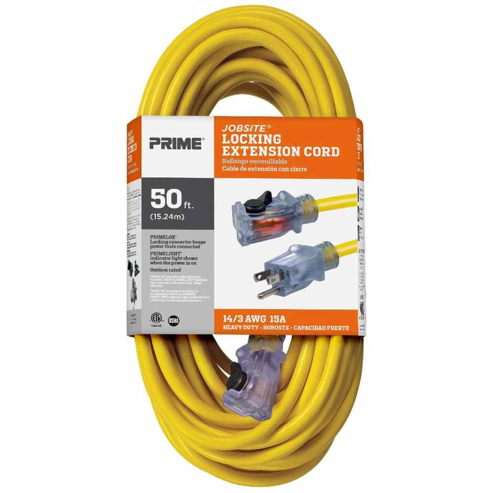 Prime Wire And Cable ECPL511730 50 ft. Outdoor Heavy Duty Extension Cord -  14/3 Gauge - SJTW - Yellow - Bees Lighting