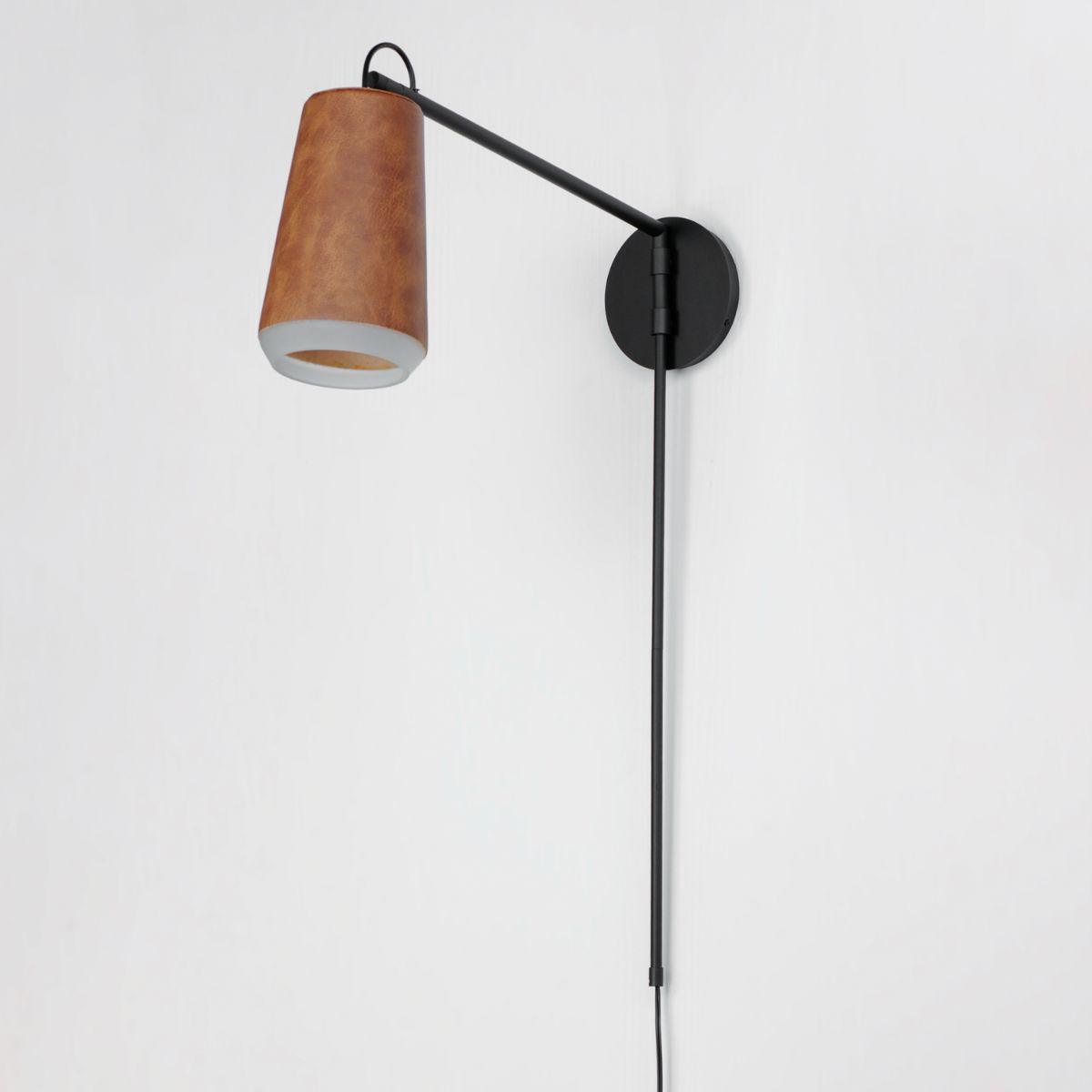 SCOUT 32 in. LED Plug In Swing Arm Wall Sconce Weathered Wood & Tan Leather - Bees Lighting