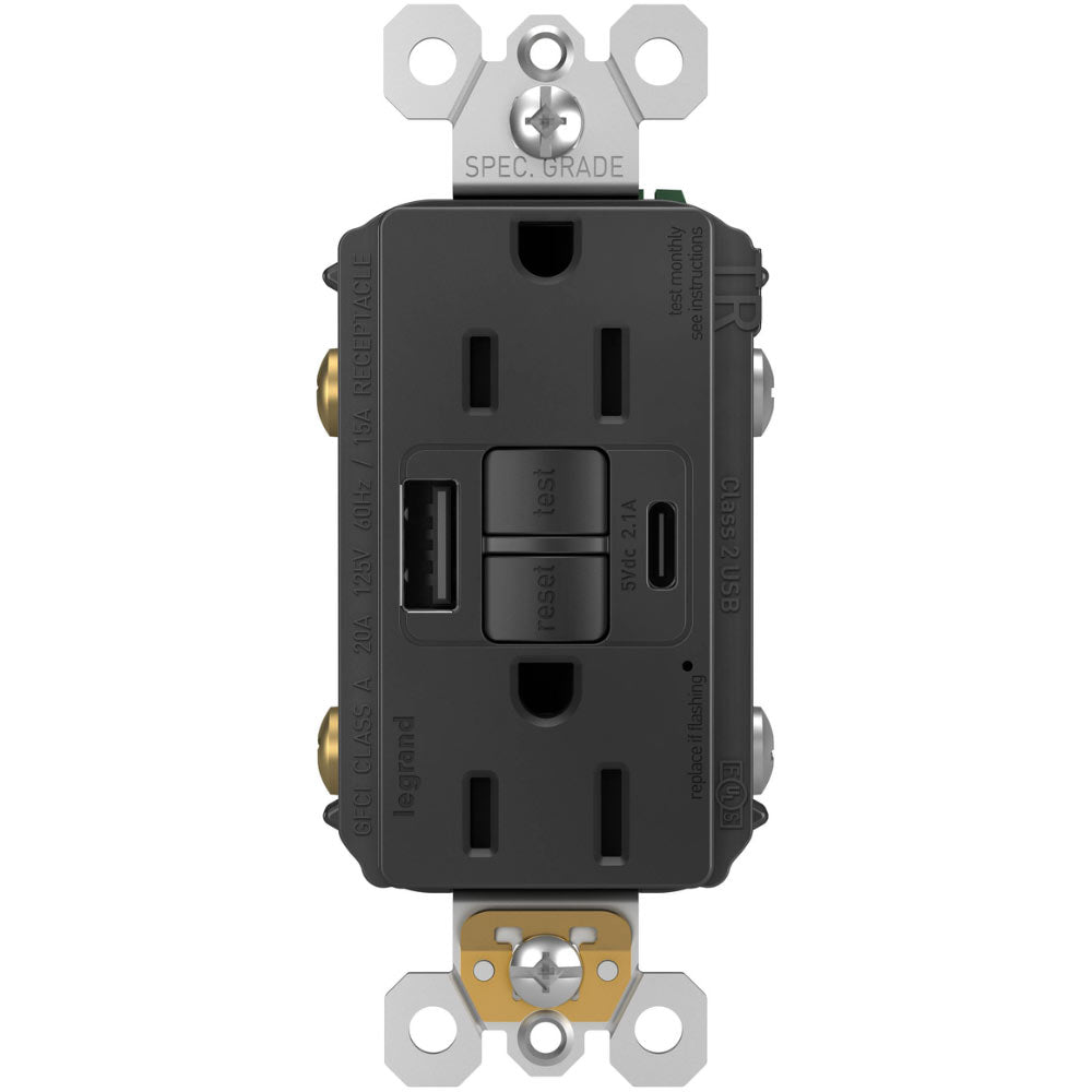 radiant Tamper-Resistant 15A Self-Test GFCI Receptacles, USB Type A/C, Black