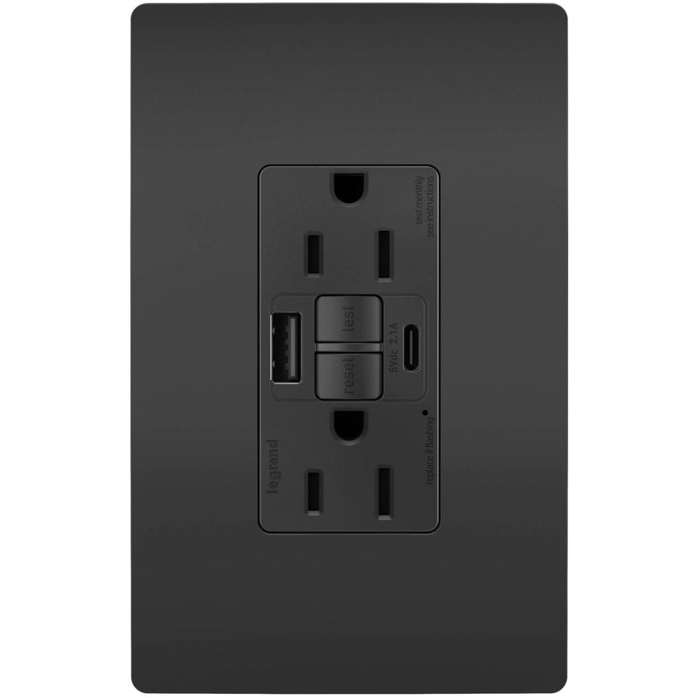 radiant Tamper-Resistant 15A Self-Test GFCI Receptacles, USB Type A/C, Black