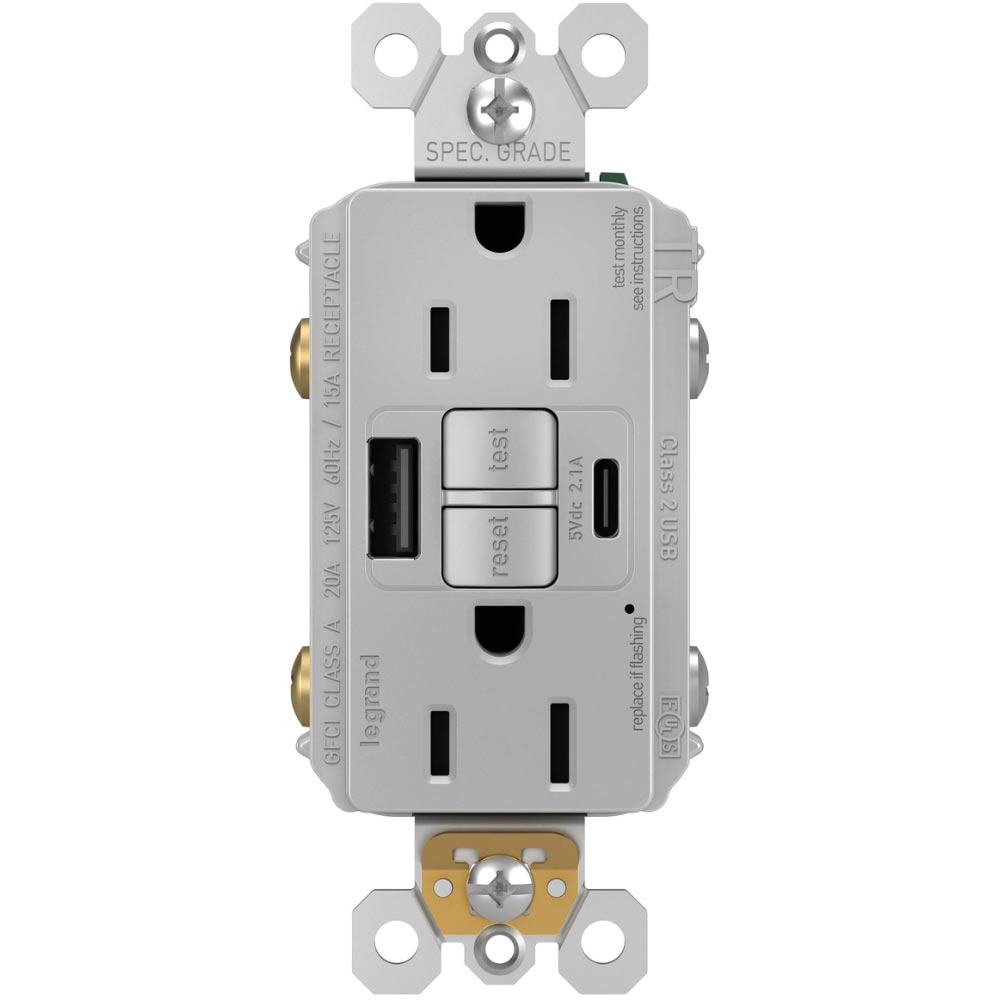 radiant Tamper-Resistant 15A Self-Test GFCI Receptacles, USB Type A/C, Gray