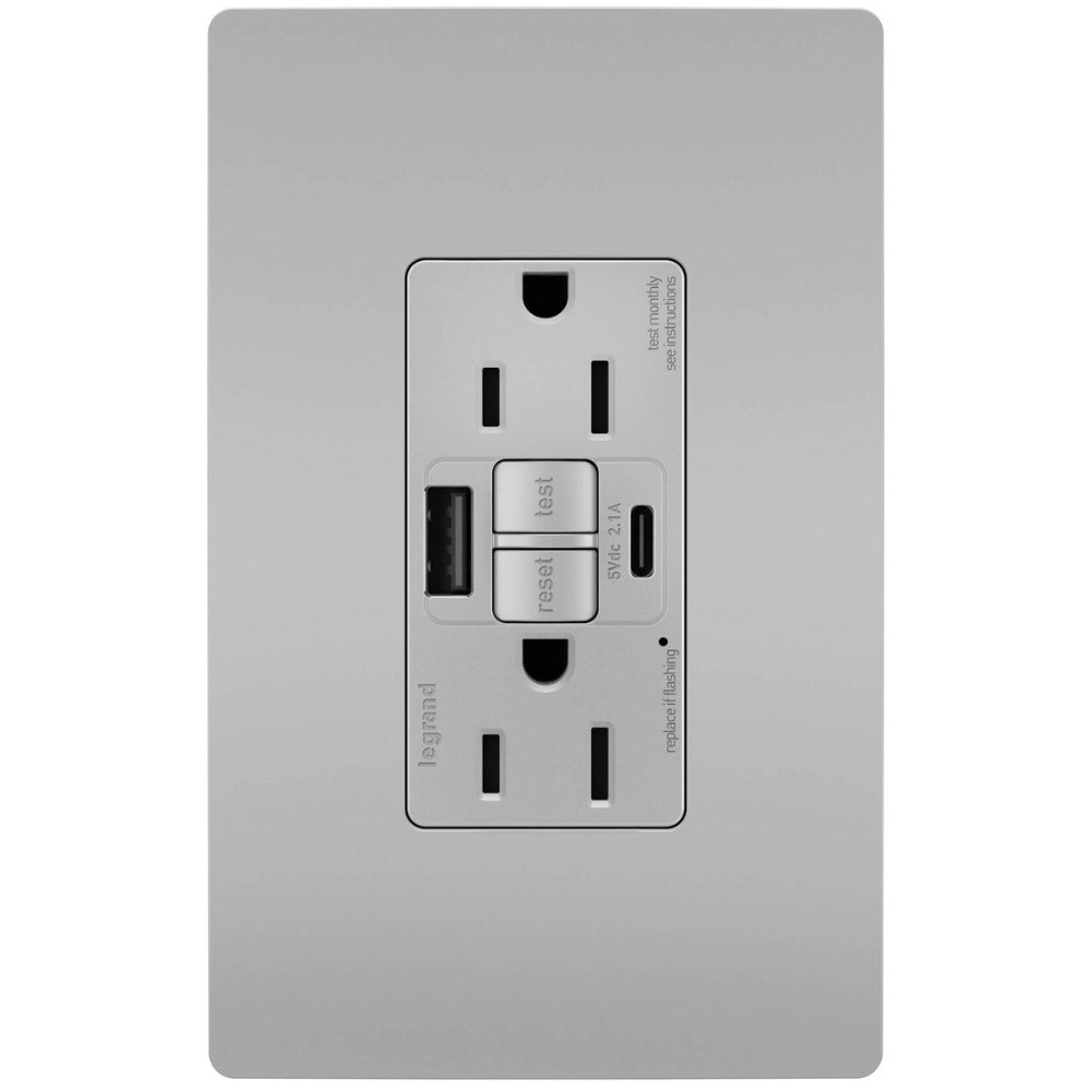 radiant Tamper-Resistant 15A Self-Test GFCI Receptacles, USB Type A/C, Gray