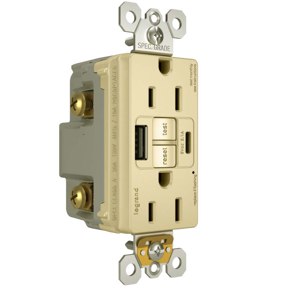 radiant Tamper-Resistant 15A Self-Test GFCI Receptacles, USB Type A/C, Ivory - Bees Lighting