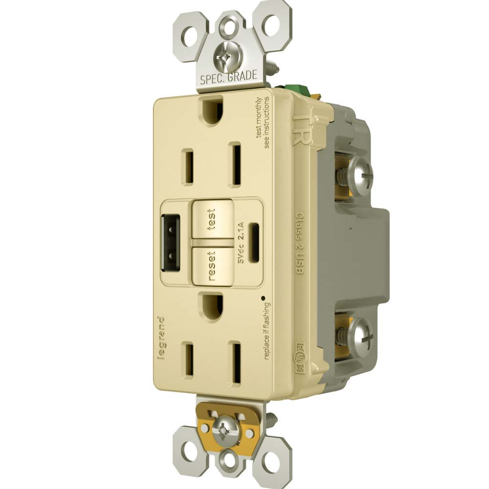 radiant Tamper-Resistant 15A Self-Test GFCI Receptacles, USB Type A/C, Ivory - Bees Lighting