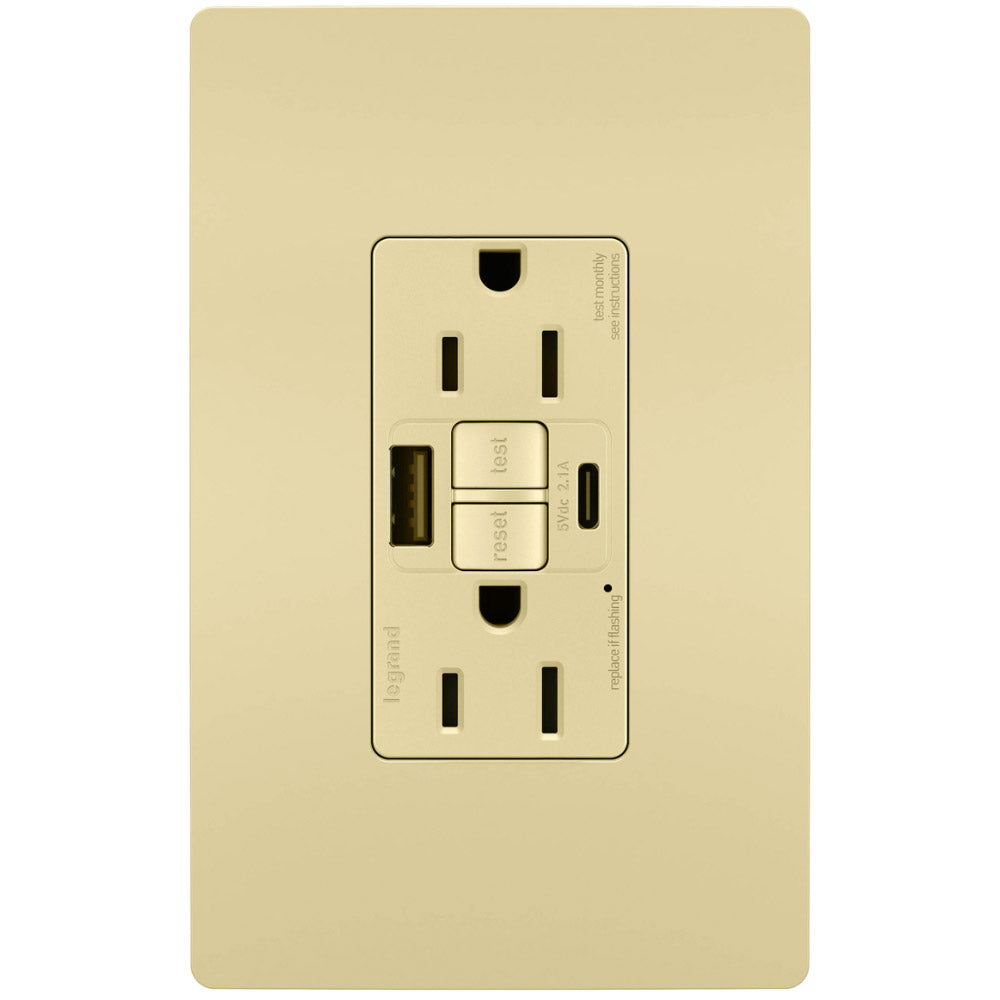 radiant Tamper-Resistant 15A Self-Test GFCI Receptacles, USB Type A/C, Ivory - Bees Lighting