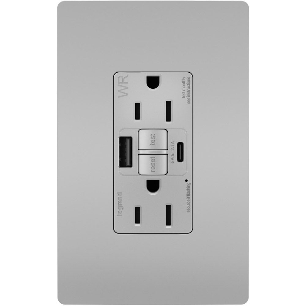 radiant Tamper-Resistant Weather-Resistant 15A GFCI Receptacle, USB Type A/C, Gray