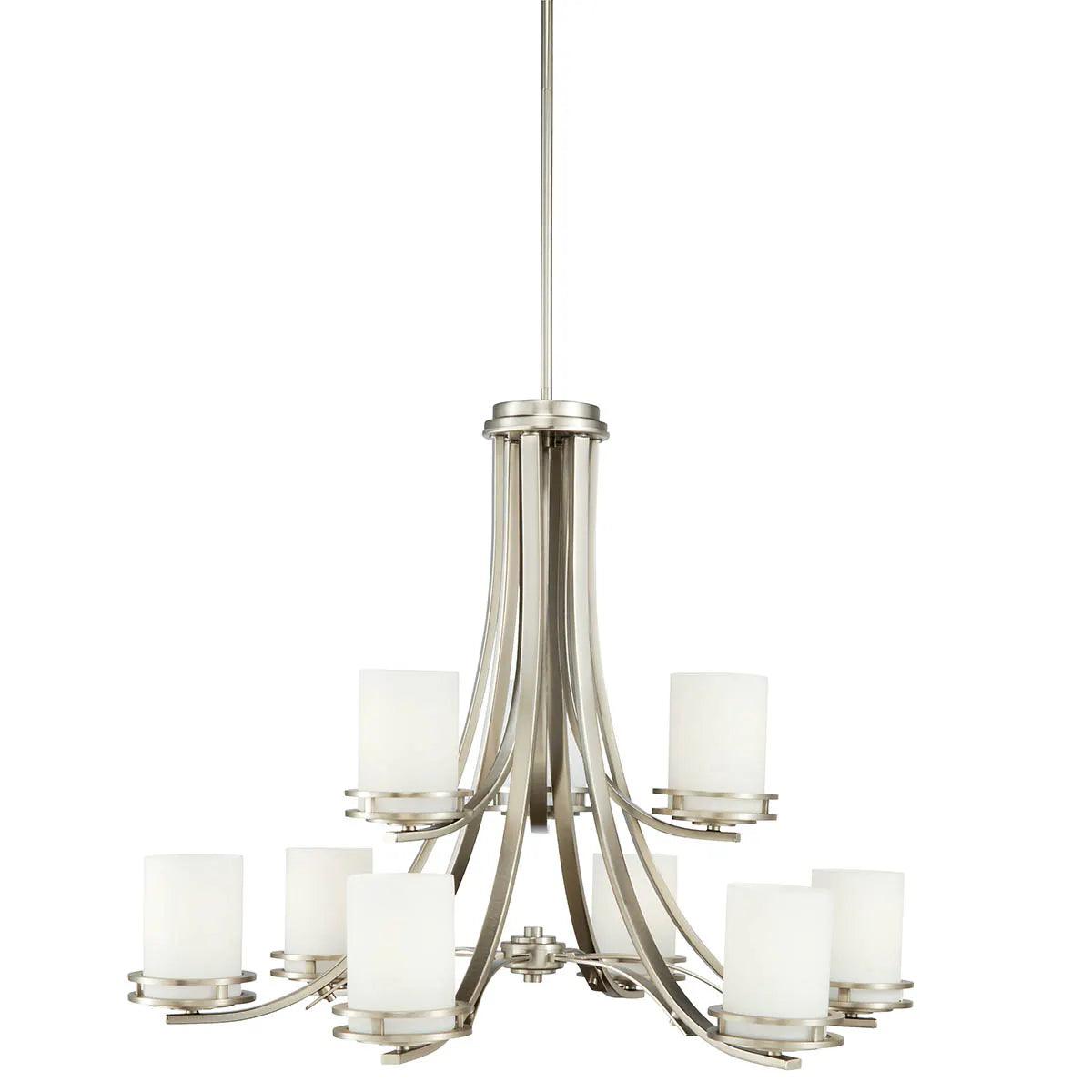 Hendrik 33" 9-Light Chandelier Multi-Tier with Satin etched cased opal glass, Brushed nickel Finish - Bees Lighting