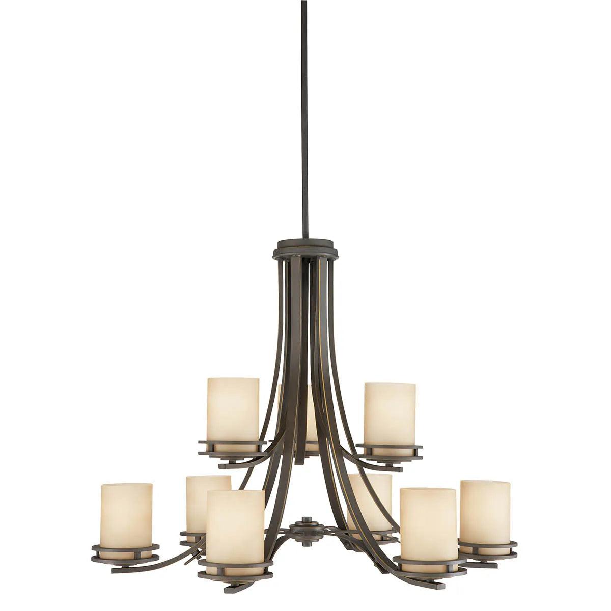 Hendrik 33" 9-Light Chandelier Multi-Tier with Satin etched umber Glass, Olde bronze Finish - Bees Lighting