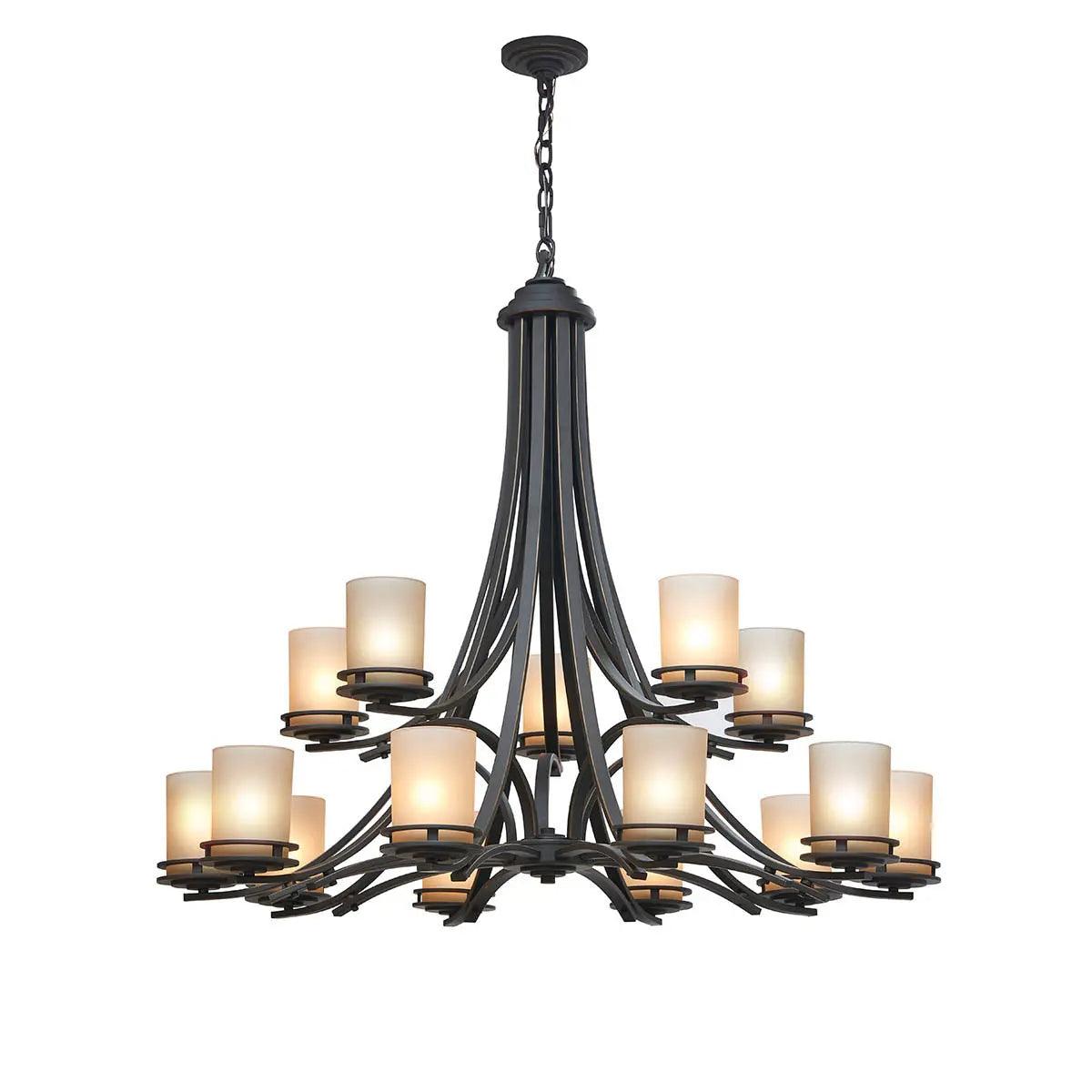 Hendrik 42" 15-Light Chandelier Multi-Tier with Satin etched umber Glass, Olde bronze Finish