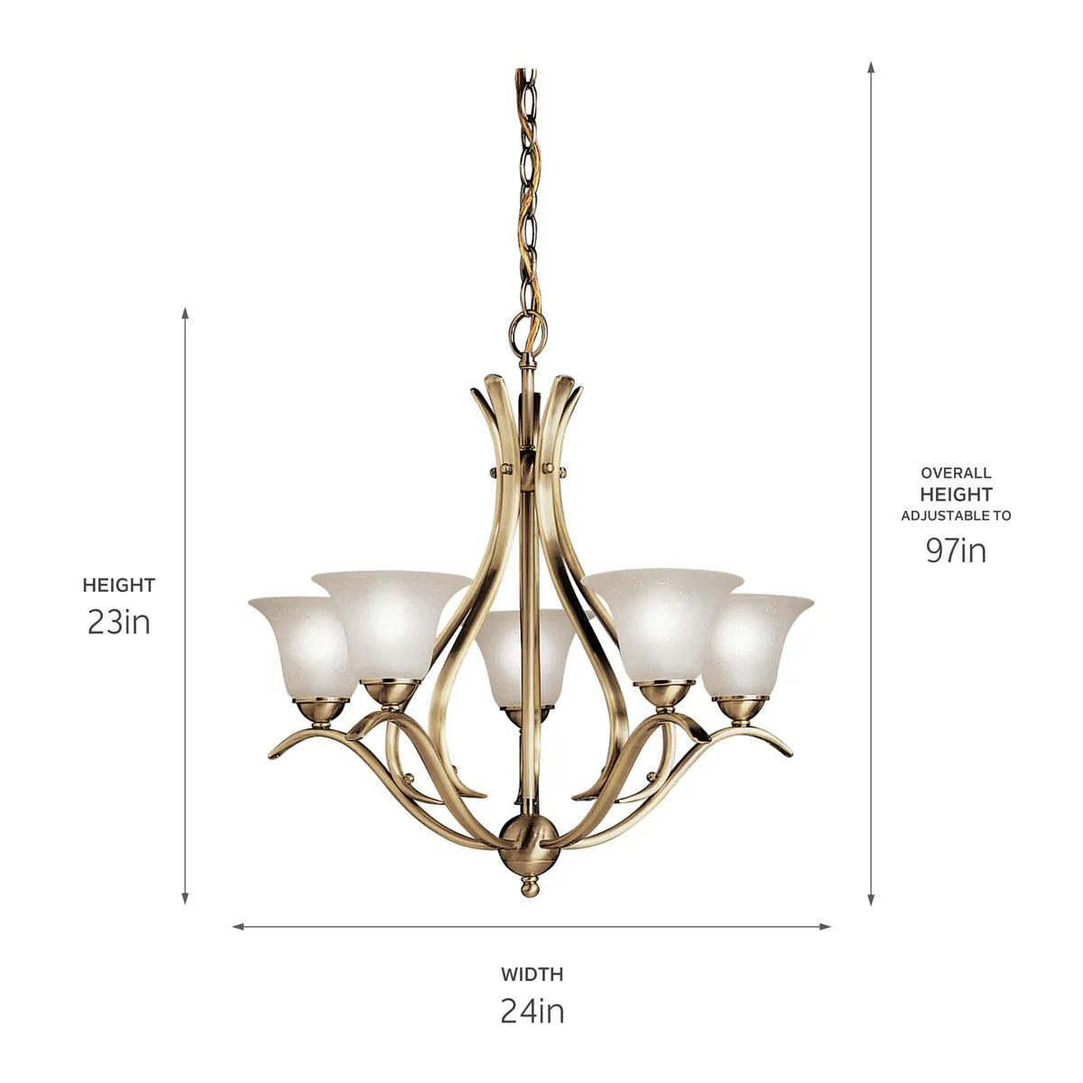 Dover 24" 5-Light Chandelier 1-Tier with Satin Etched Seeded Glass, Antique Brass Finish - Bees Lighting