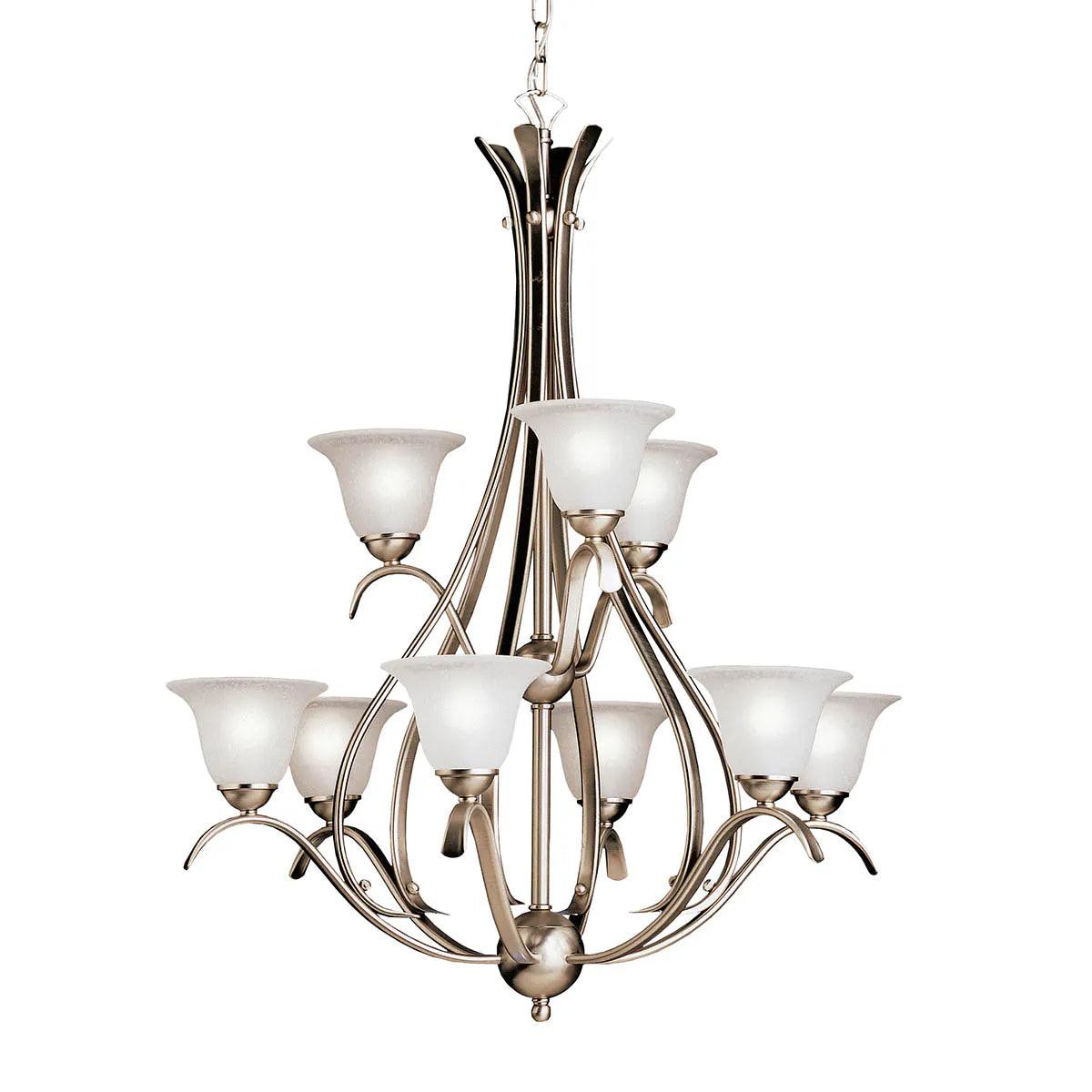 Dover 37" 9-Light Chandelier Multi-Tier with Satin Etched Seeded Glass, Brushed Nickel Finish - Bees Lighting