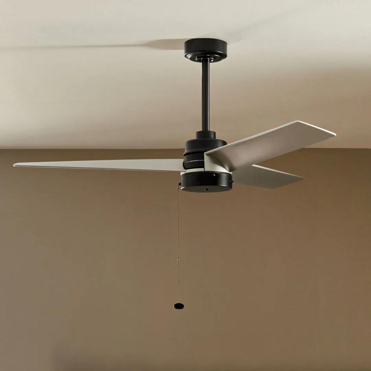 Spyn Lite 52 Inch Ceiling Fan with Pull Chain, Satin Black with Silver Gray Blades - Bees Lighting