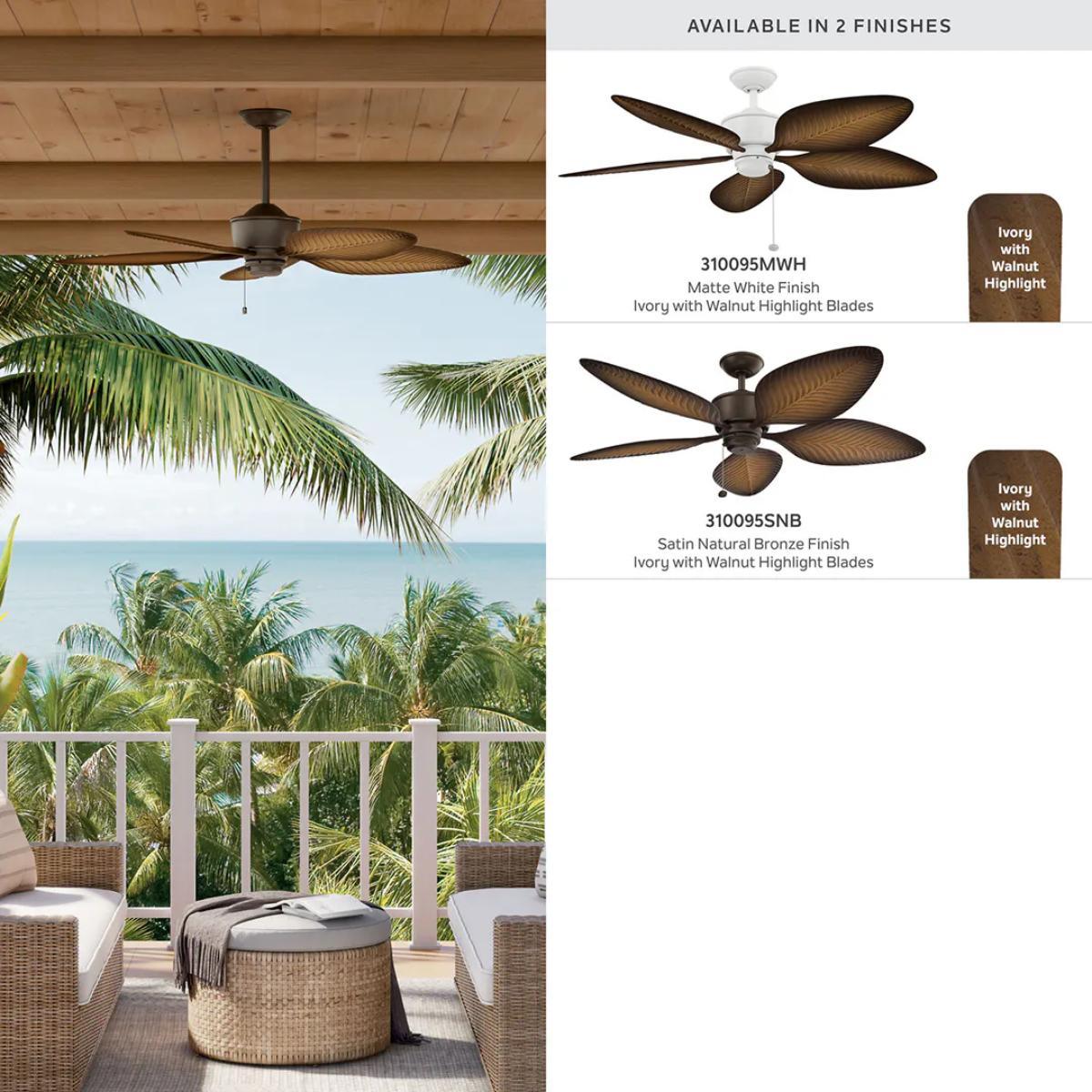 Nani 56 Inch 5 Blade Weather+ Outdoor Palm Leaf Ceiling Fan with Pull Chain, Matte White with Ivory with Walnut Blades - Bees Lighting