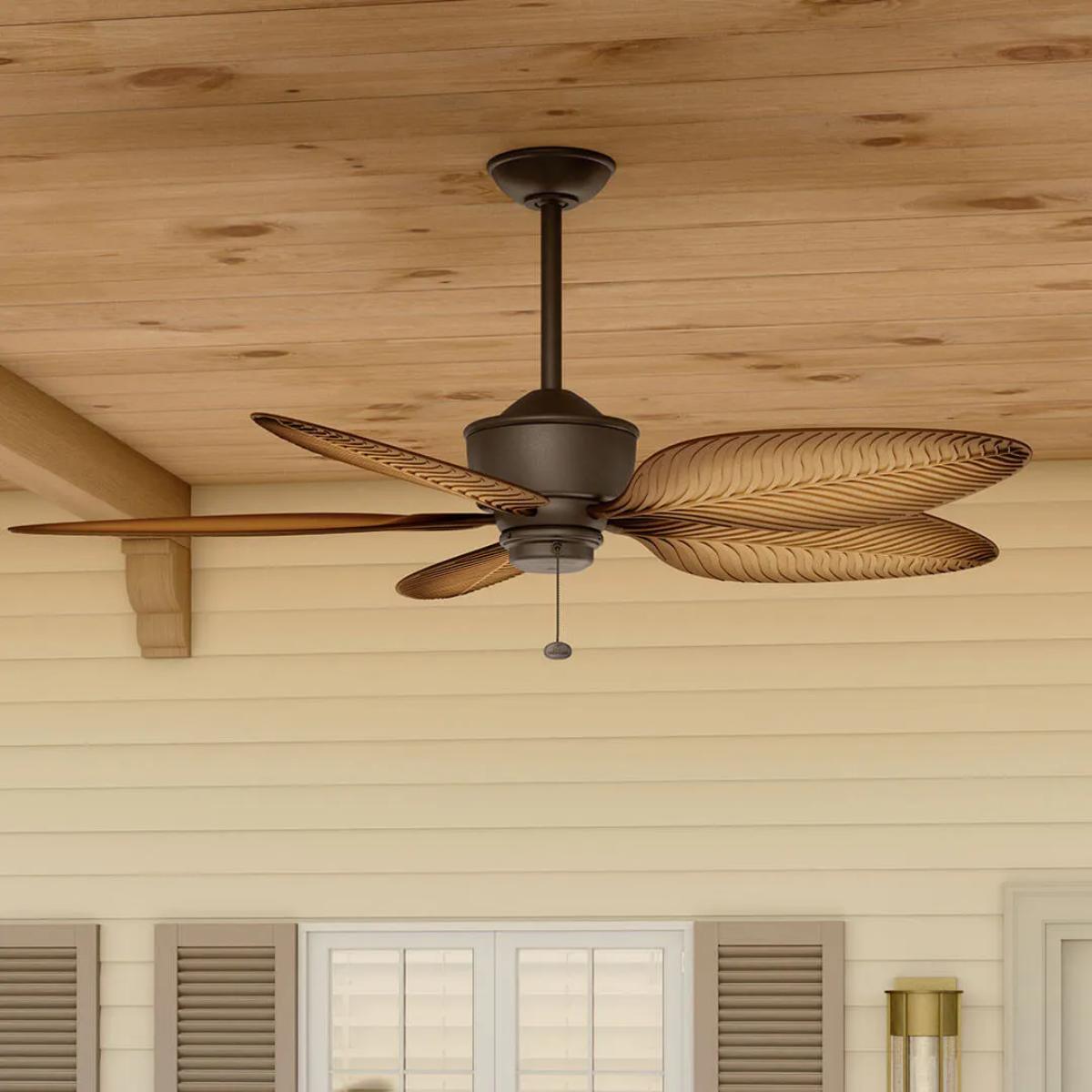 Nani 56 Inch Satin Natural Bronze Palm-Leaf Blades Outdoor Ceiling Fan with Pull Chain - Bees Lighting