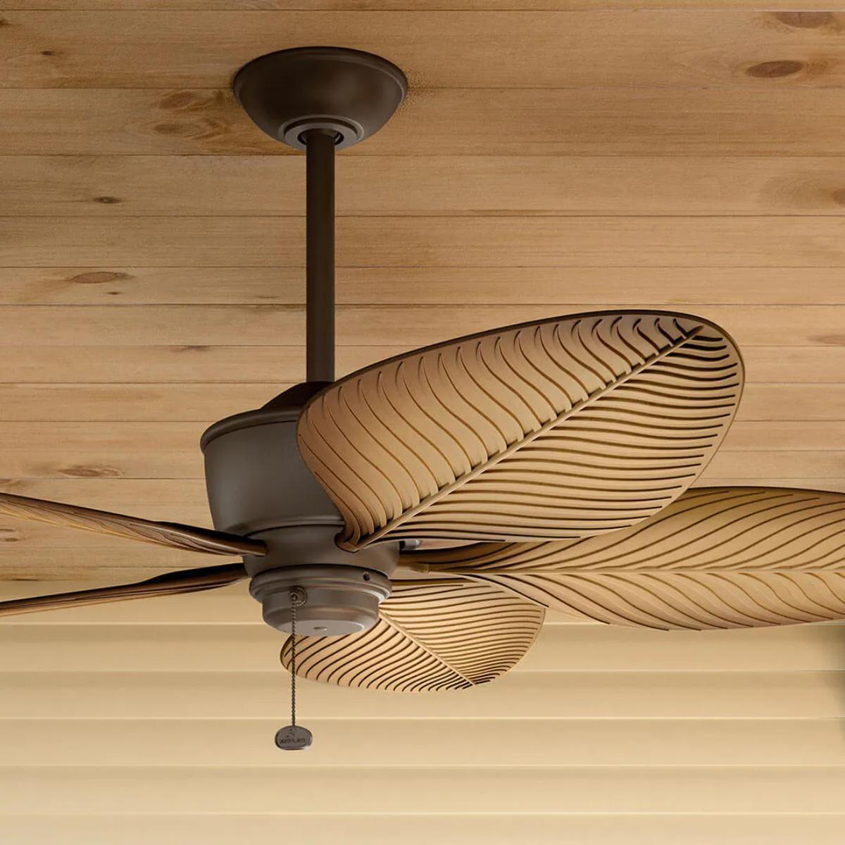 Nani 56 Inch Satin Natural Bronze Palm-Leaf Blades Outdoor Ceiling Fan with Pull Chain - Bees Lighting