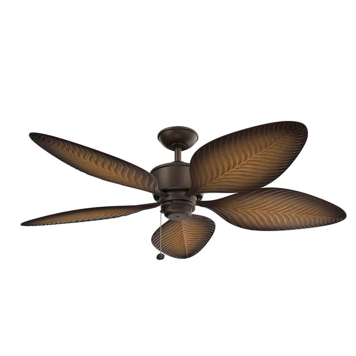 Nani 56 Inch Satin Natural Bronze Palm-Leaf Blades Outdoor Ceiling Fan with Pull Chain - Bees Lighting