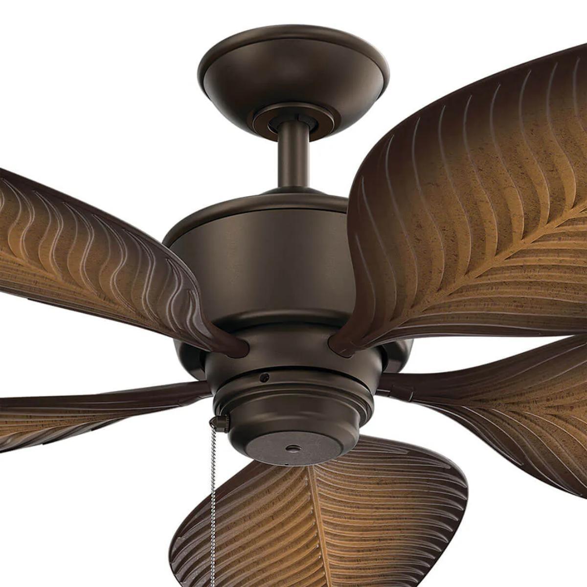 Nani 56 Inch Satin Natural Bronze Palm-Leaf Blades Outdoor Ceiling Fan with Pull Chain - Bees Lighting