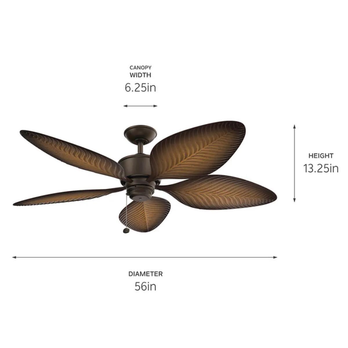 Nani 56 Inch Satin Natural Bronze Palm-Leaf Blades Outdoor Ceiling Fan with Pull Chain - Bees Lighting