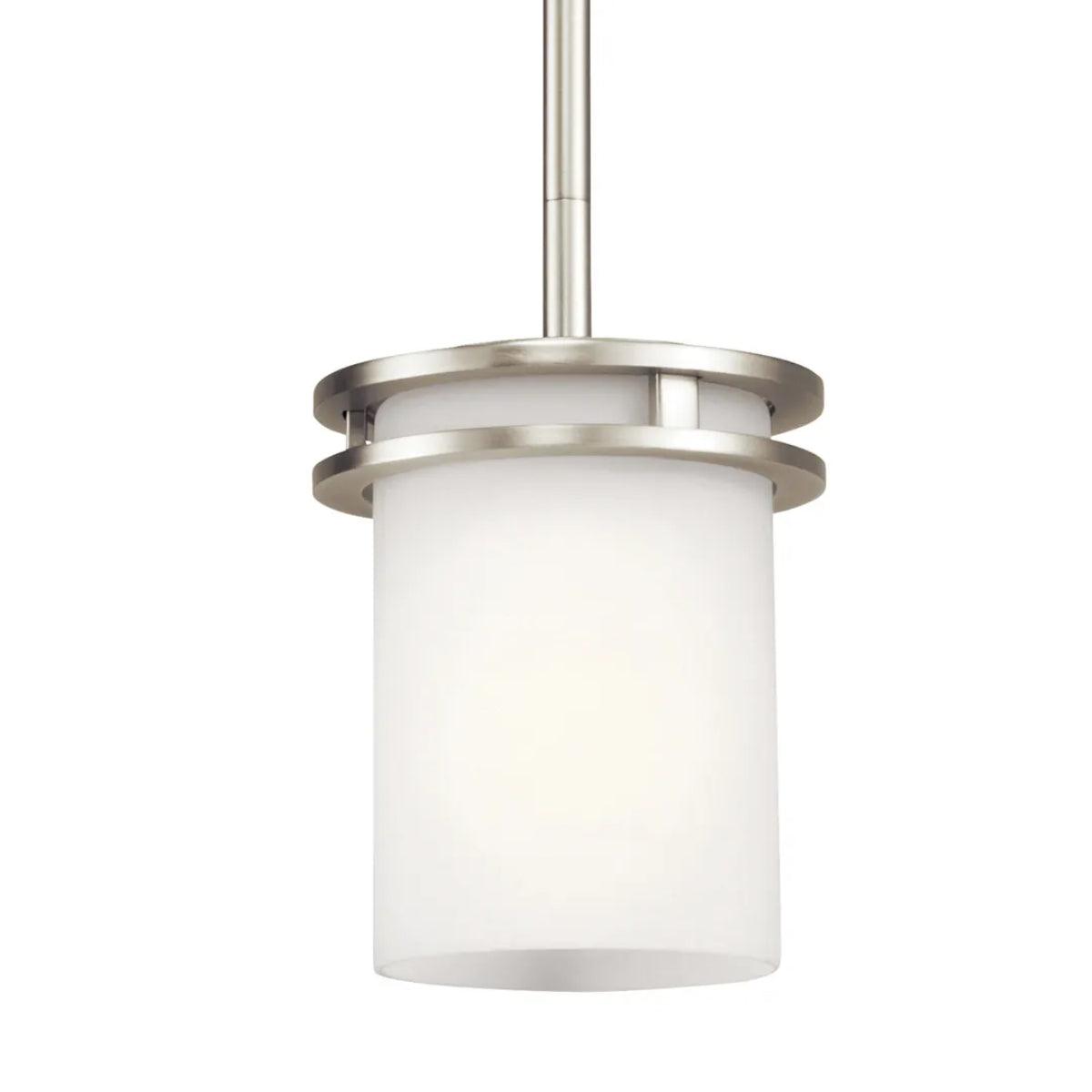 Hendrik 8" 1-Light Cylinder Pendant Light with Satin etched cased opal glass, Brushed nickel Finish - Bees Lighting