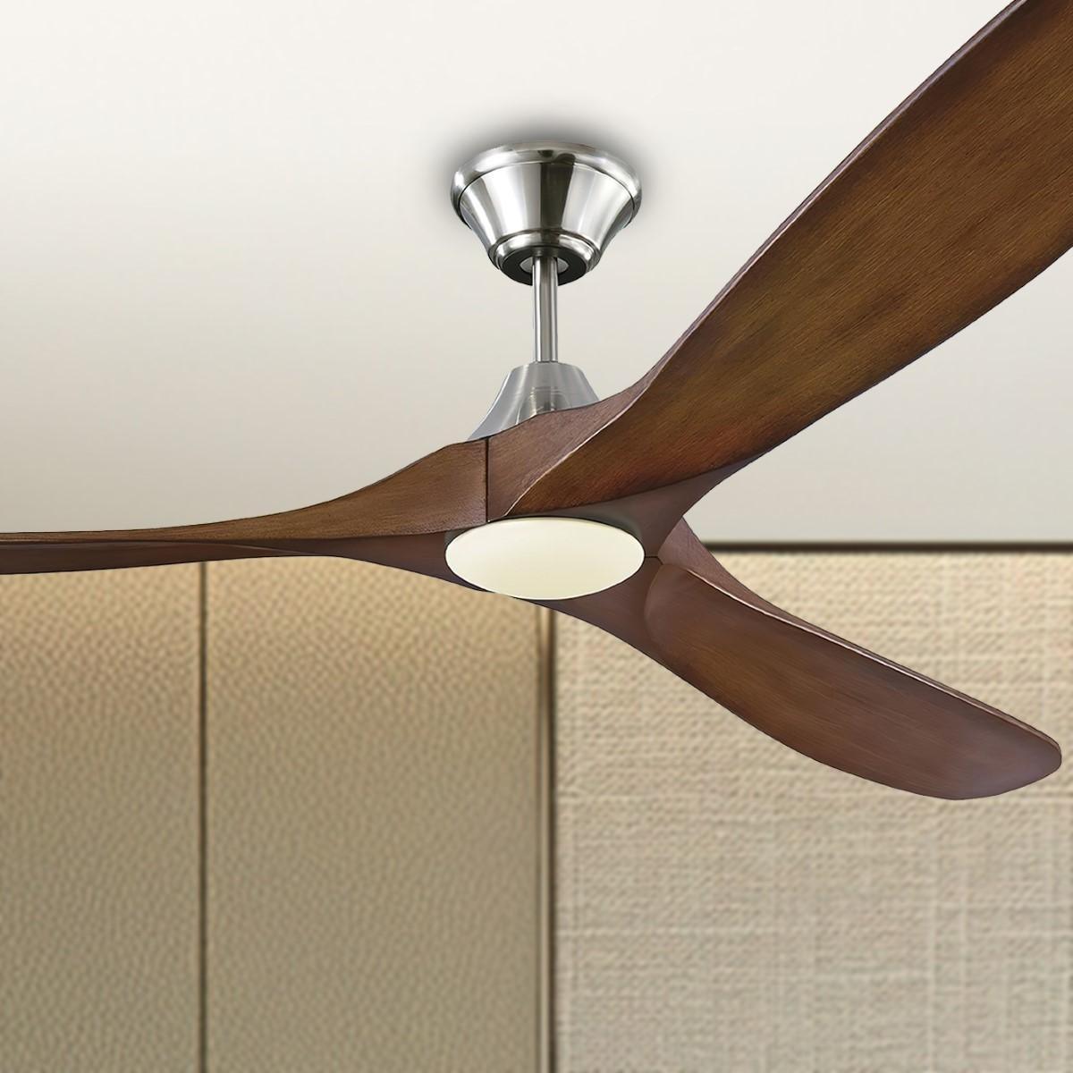 Maverick Max 70 Inch LED Modern Large Outdoor Ceiling Fan With Light And Remote, Brushed Steel with Koa Blades - Bees Lighting