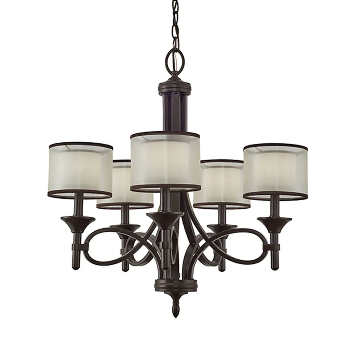 Lacey 26" 5-Light Chandelier 1-Tier with Clear Satin Etched Glass, Mission Bronze Finish