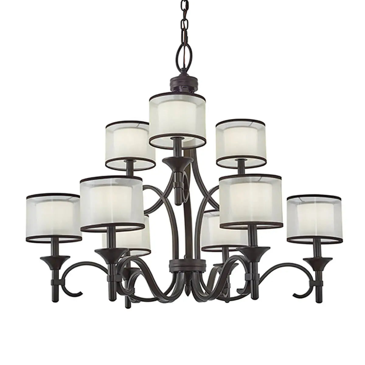 Lacey 34" 9-Light Chandelier Multi-Tier with Clear Satin Etched Glass, Mission Bronze Finish - Bees Lighting