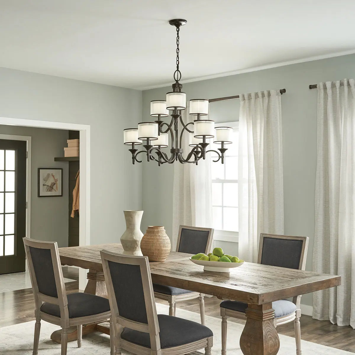 Lacey 34" 9-Light Chandelier Multi-Tier with Clear Satin Etched Glass, Mission Bronze Finish - Bees Lighting