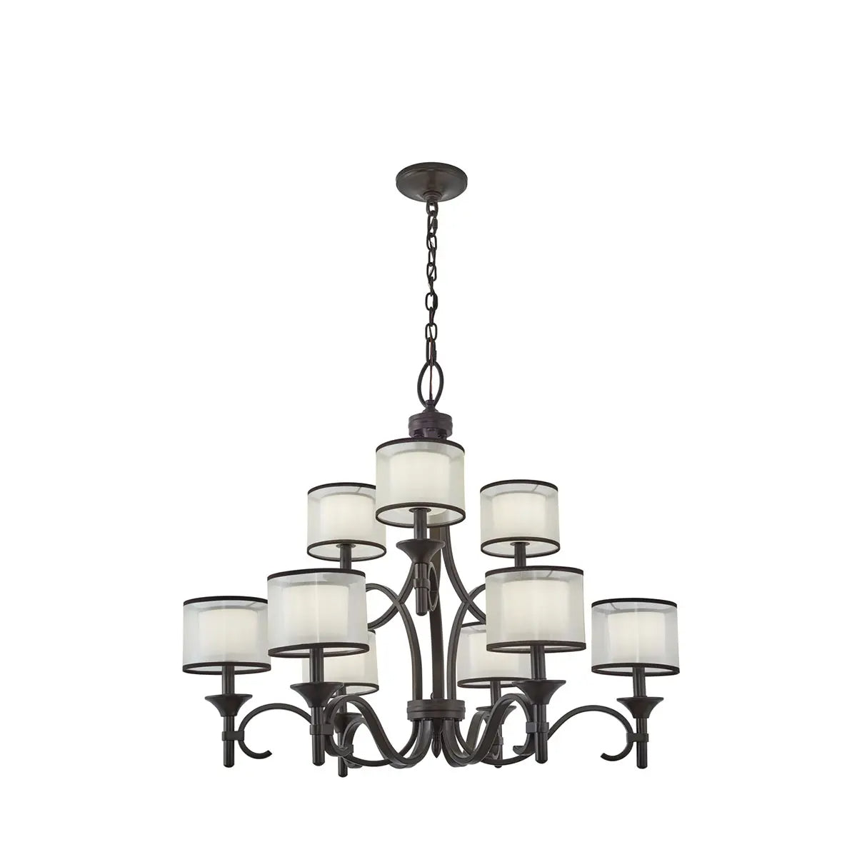 Lacey 34" 9-Light Chandelier Multi-Tier with Clear Satin Etched Glass, Mission Bronze Finish - Bees Lighting