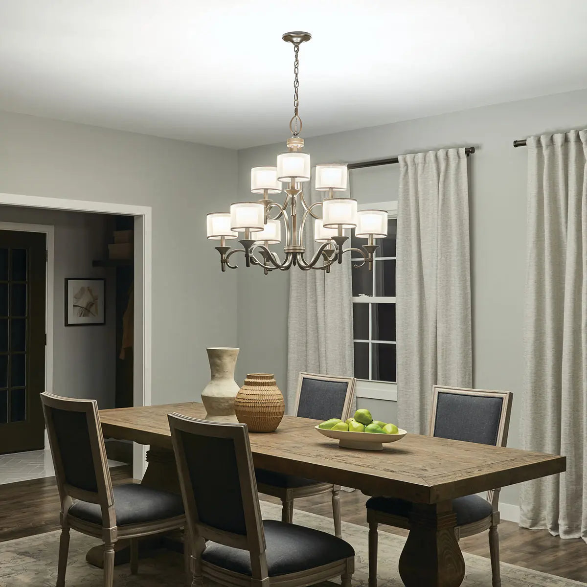 Lacey 34" 9-Light Chandelier Multi-Tier with Clear Satin Etched Glass, Mission Bronze Finish - Bees Lighting