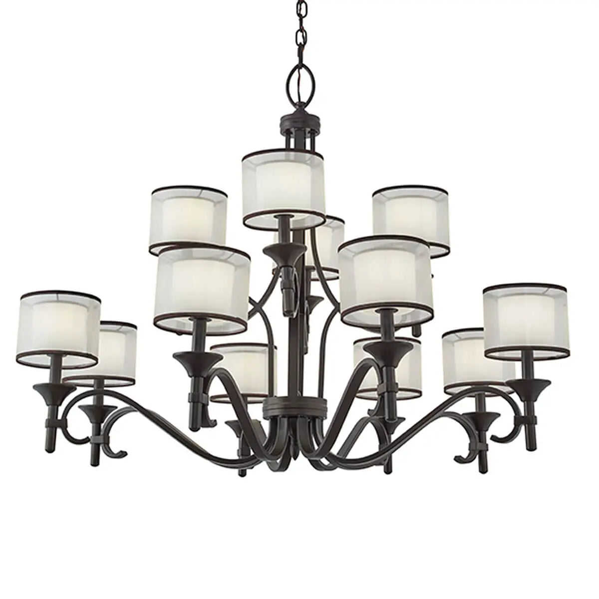 Lacey 42" 12-Light Chandelier Multi-Tier with Clear Satin Etched Glass, Mission Bronze Finish