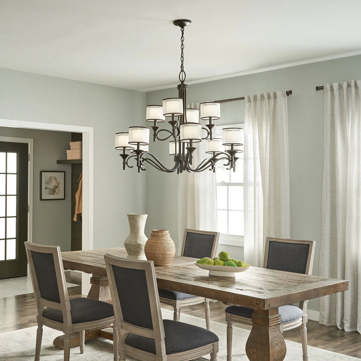 Lacey 42" 12-Light Chandelier Multi-Tier with Clear Satin Etched Glass, Mission Bronze Finish