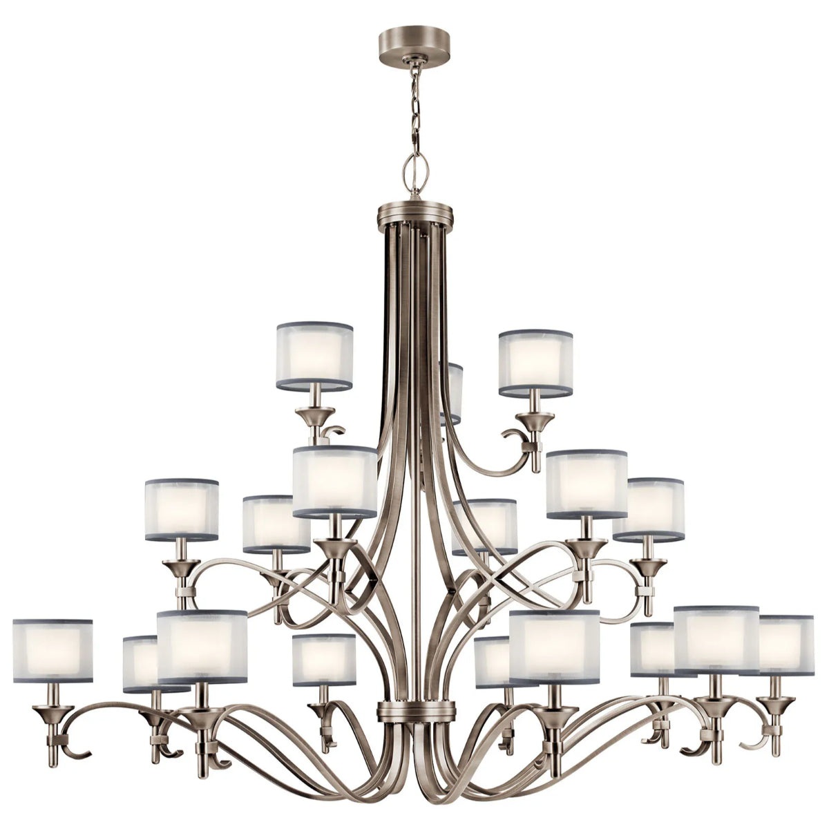 Lacey 62" 18-Light Chandelier Multi-Tier with Clear Satin Etched Glass, Antique Pewter Finish - Bees Lighting