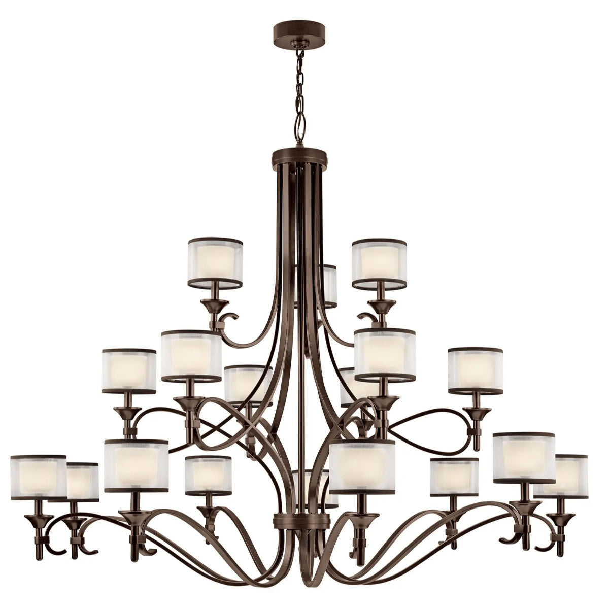 Lacey 62" 18-Light Chandelier Multi-Tier with Clear Satin Etched Glass, Mission Bronze Finish