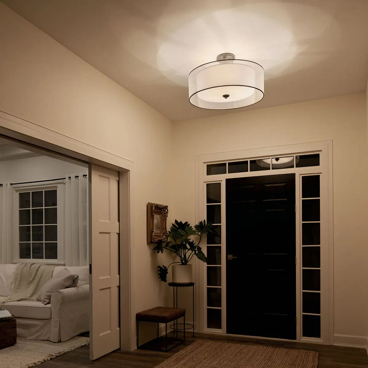 Lacey 28" 5-Light Semi-Flush Mount Light with Clear Satin Etched Glass, Mission Bronze Finish