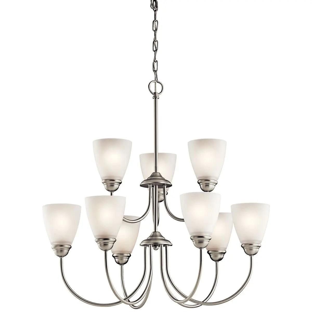 Jolie 28" 9-Light LED Chandelier Multi-Tier with Satin etched cased opal glass, Brushed nickel Finish - Bees Lighting