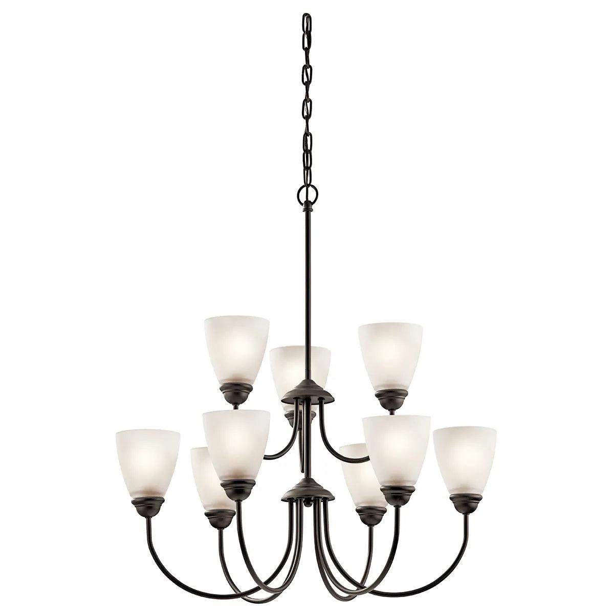 Jolie 28" 9-Light LED Chandelier Multi-Tier with Satin etched cased opal glass, Olde bronze Finish - Bees Lighting