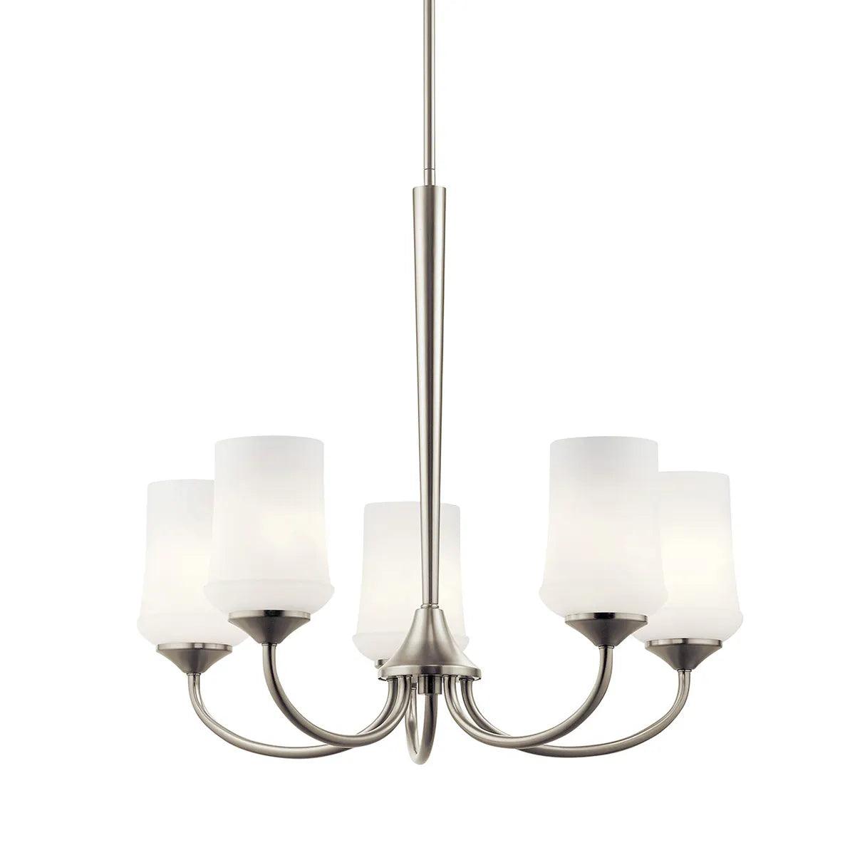 Aubrey 25" 5-Light Chandelier 1-Tier with Satin Etched Cased Opal Glass, Brushed Nickel Finish - Bees Lighting