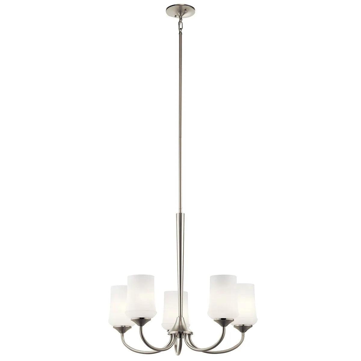 Aubrey 25" 5-Light Chandelier 1-Tier with Satin Etched Cased Opal Glass, Brushed Nickel Finish - Bees Lighting