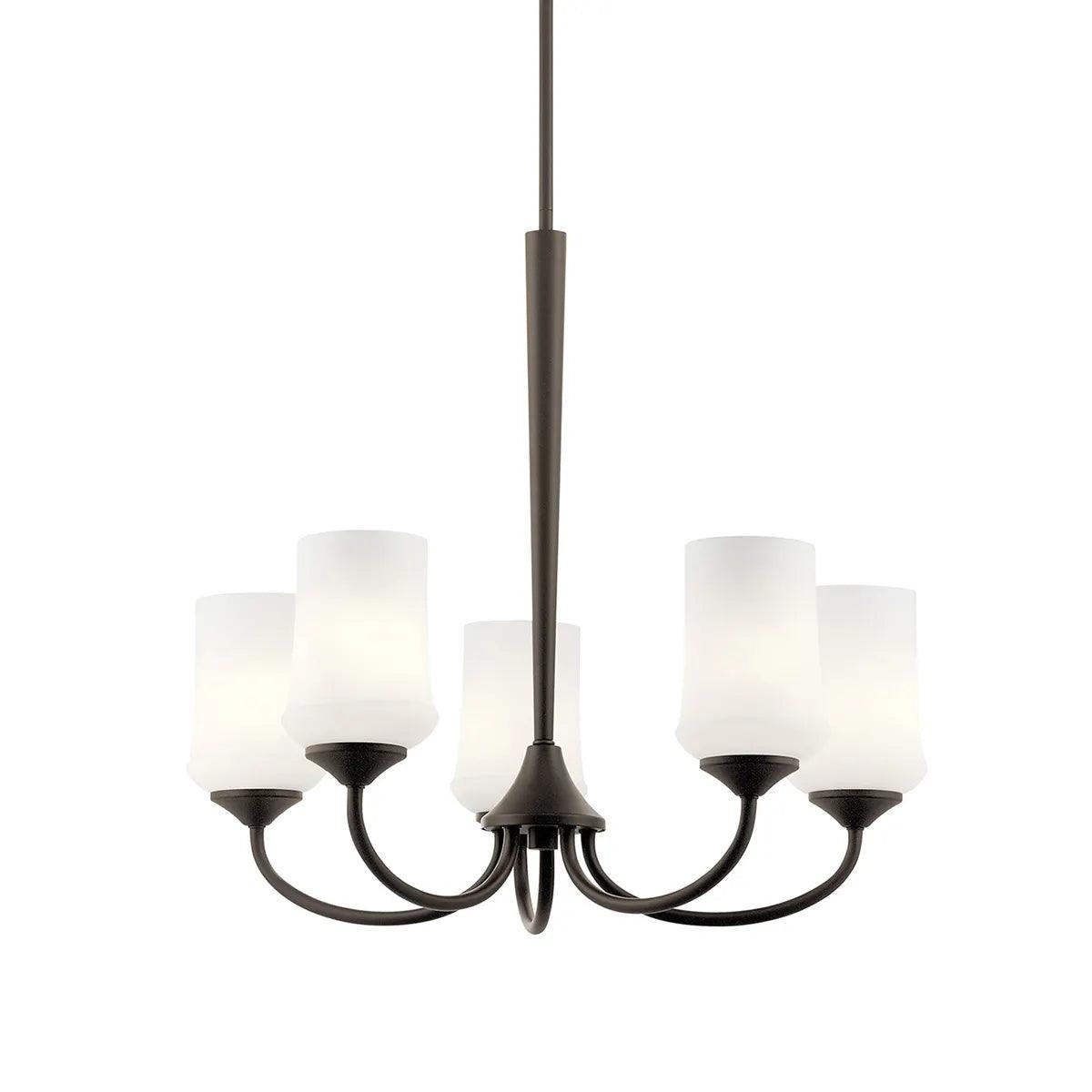 Aubrey 25" 5-Light Chandelier 1-Tier with Satin Etched Cased Opal Glass, Olde Bronze Finish - Bees Lighting