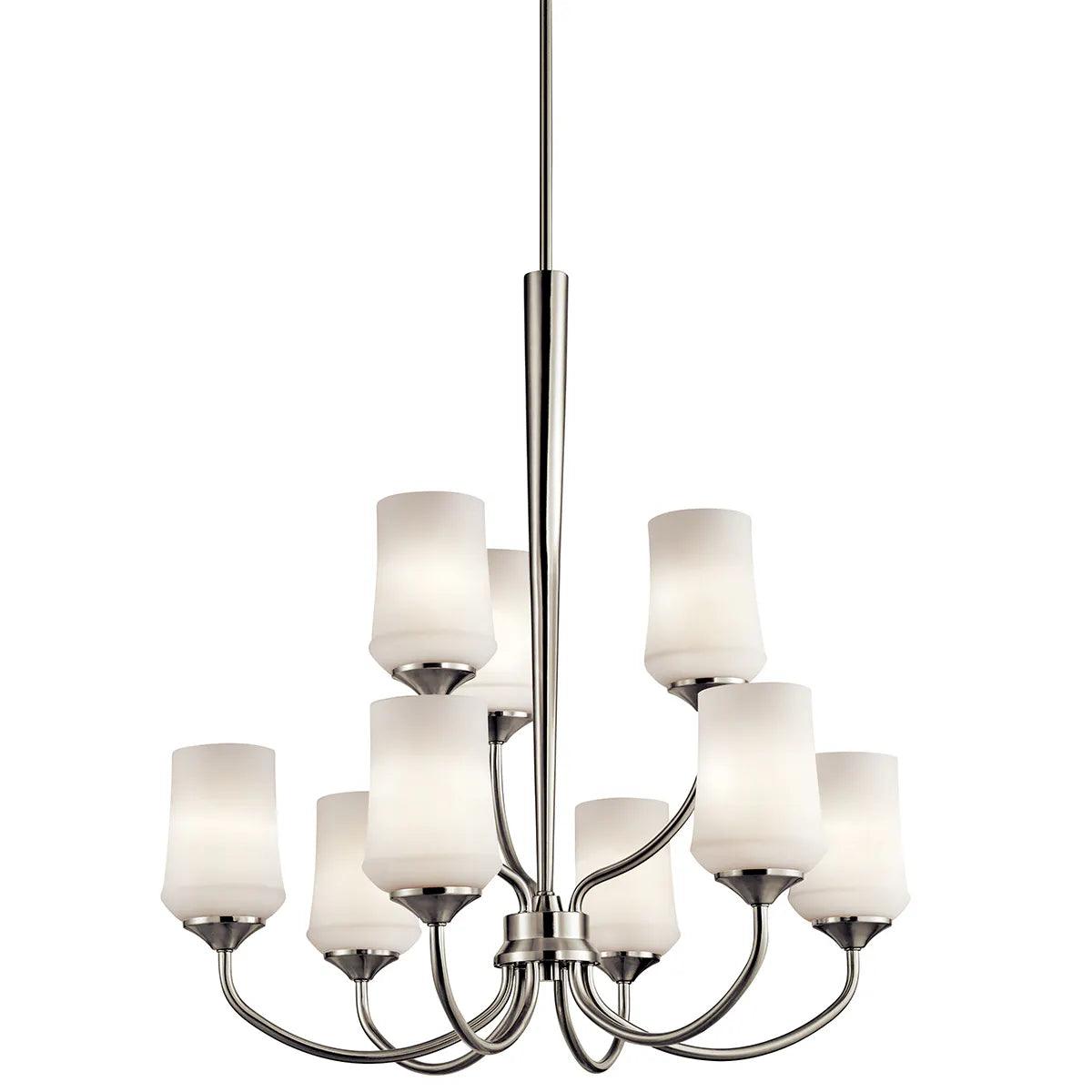 Aubrey 31" 9-Light LED Chandelier Multi-Tier with Satin Etched Cased Opal Glass, Brushed Nickel Finish - Bees Lighting