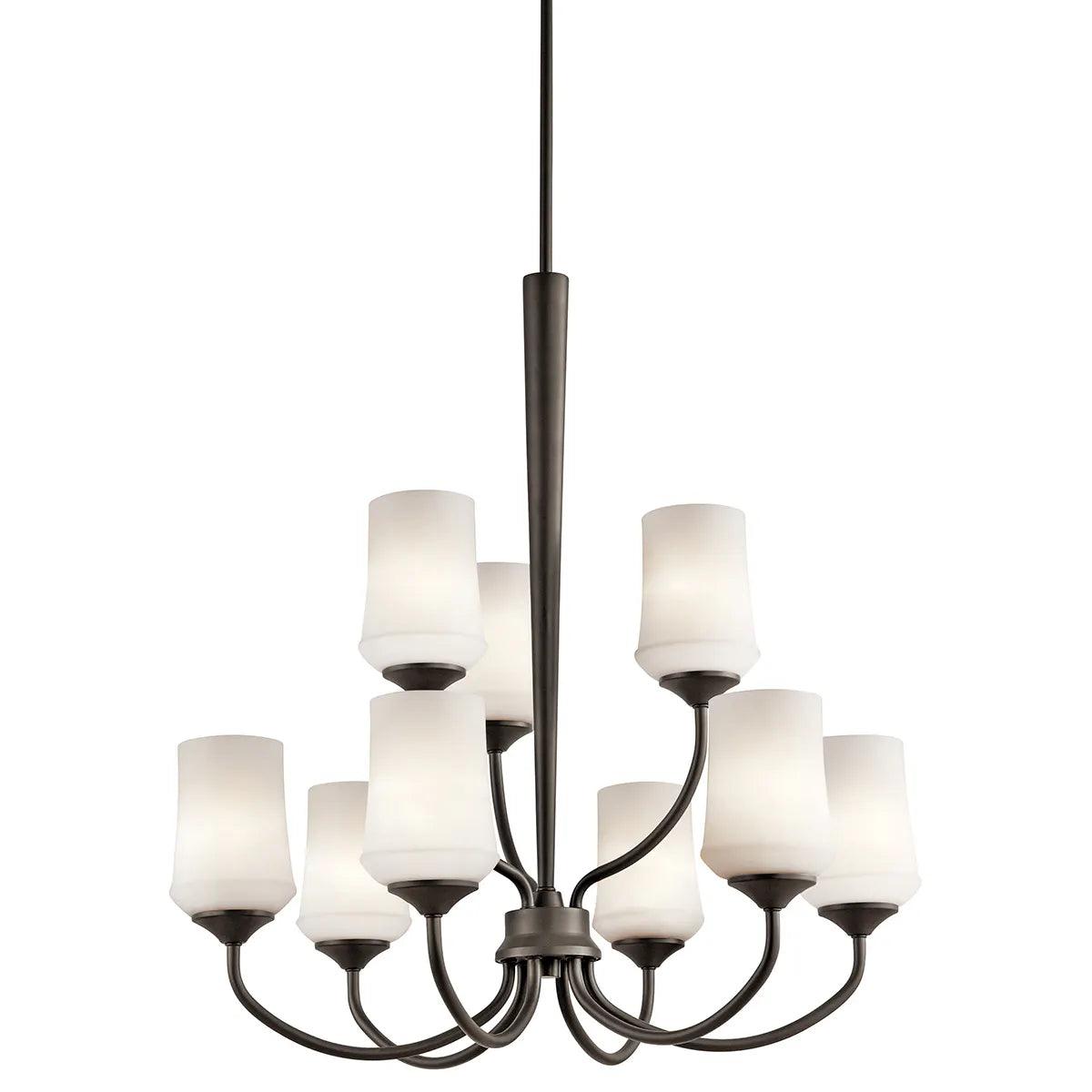 Aubrey 31" 9-Light LED Chandelier Multi-Tier with Satin Etched Cased Opal Glass, Olde Bronze Finish - Bees Lighting