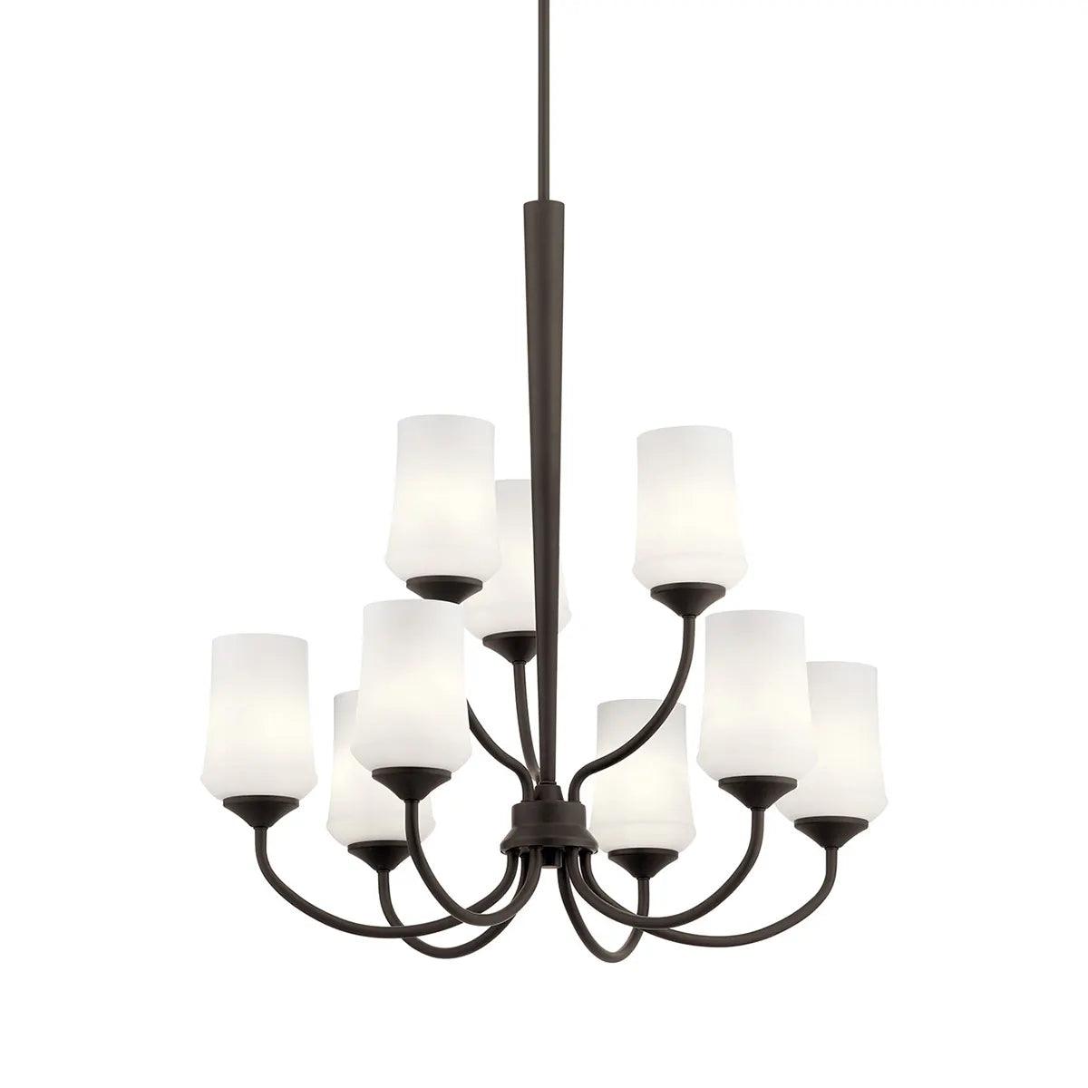 Aubrey 31" 9-Light Chandelier Multi-Tier with Satin Etched Cased Opal Glass, Olde Bronze Finish - Bees Lighting