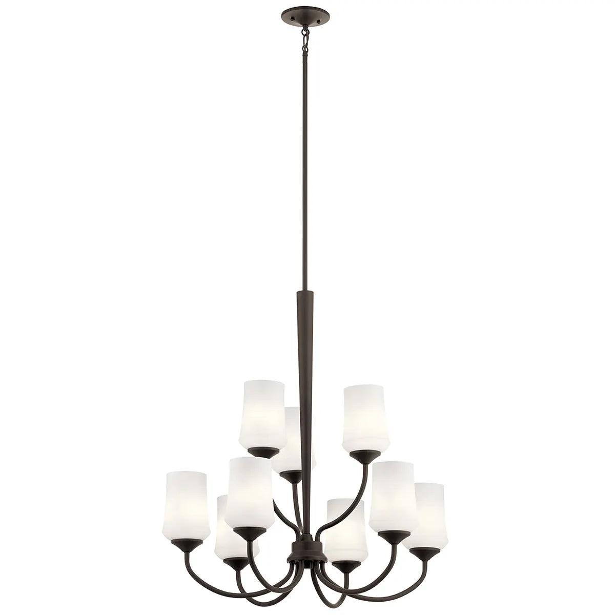 Aubrey 31" 9-Light Chandelier Multi-Tier with Satin Etched Cased Opal Glass, Olde Bronze Finish - Bees Lighting