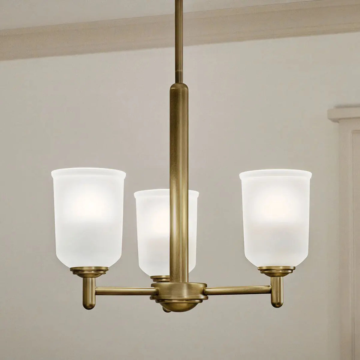 Shailene 18" 3-Light Mini Chandelier with Clear Satin Etched Glass, Natural Brass Finish - Bees Lighting