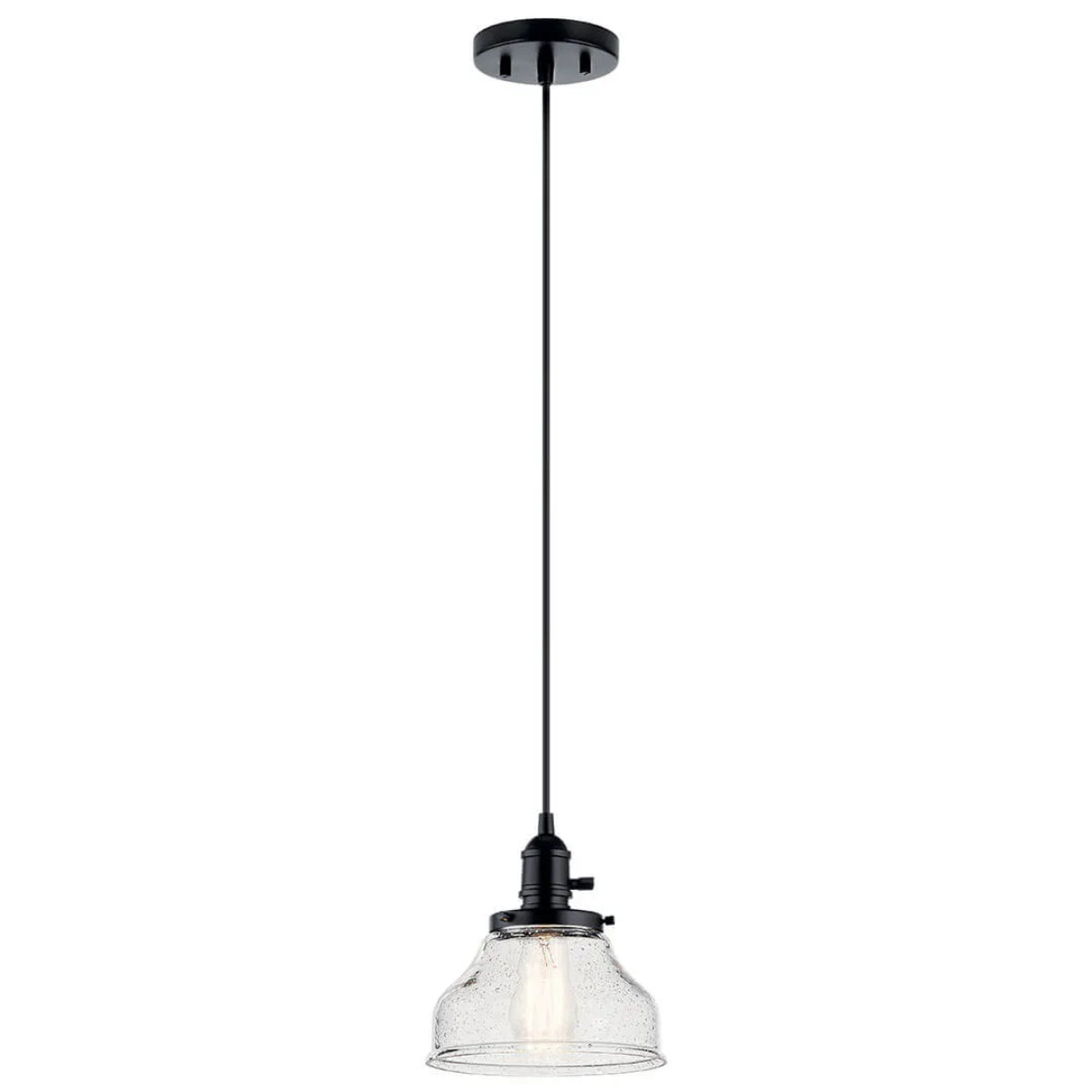 Avery 9" 1-Light Mini Bell Pendant Light with Clear Seeded Glass, Black Finish - Bees Lighting