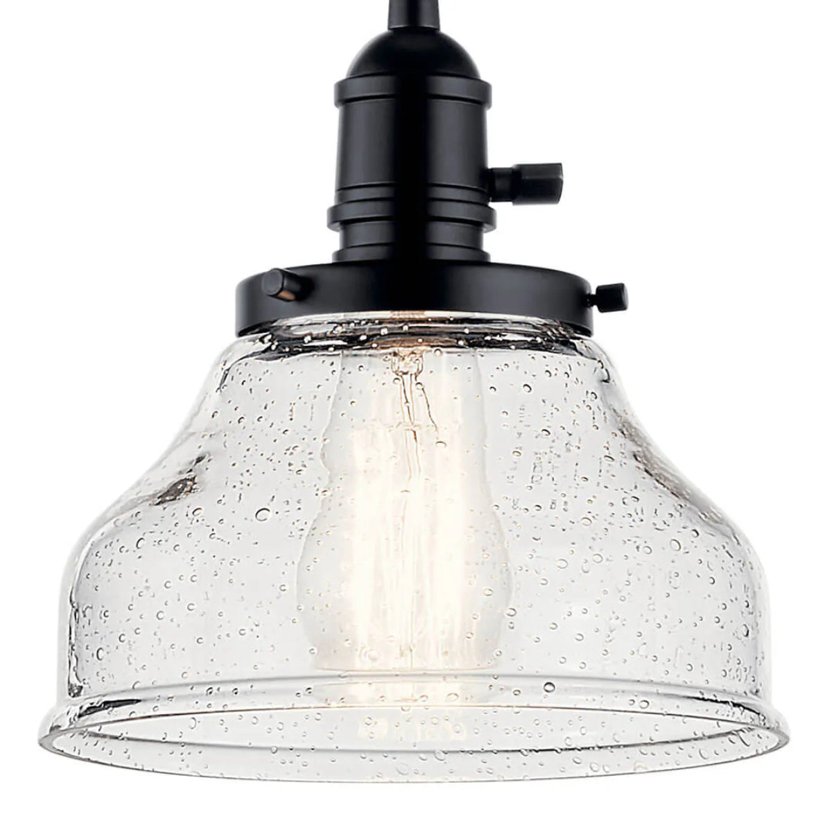 Avery 9" 1-Light Mini Bell Pendant Light with Clear Seeded Glass, Black Finish - Bees Lighting