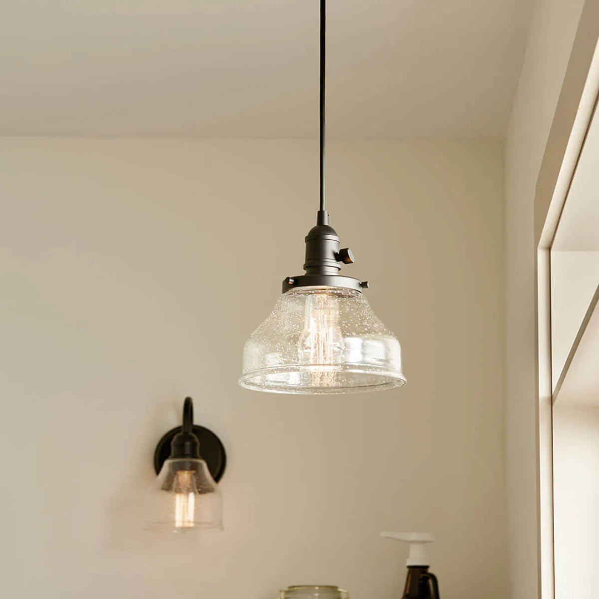 Avery 9" 1-Light Mini Bell Pendant Light with Clear Seeded Glass, Black Finish - Bees Lighting