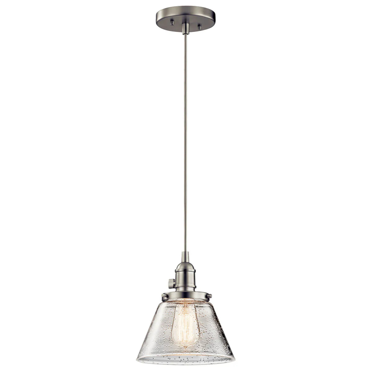 Avery 9" 1-Light Mini Cone Pendant Light with Clear Seeded Glass, Brushed Nickel Finish - Bees Lighting