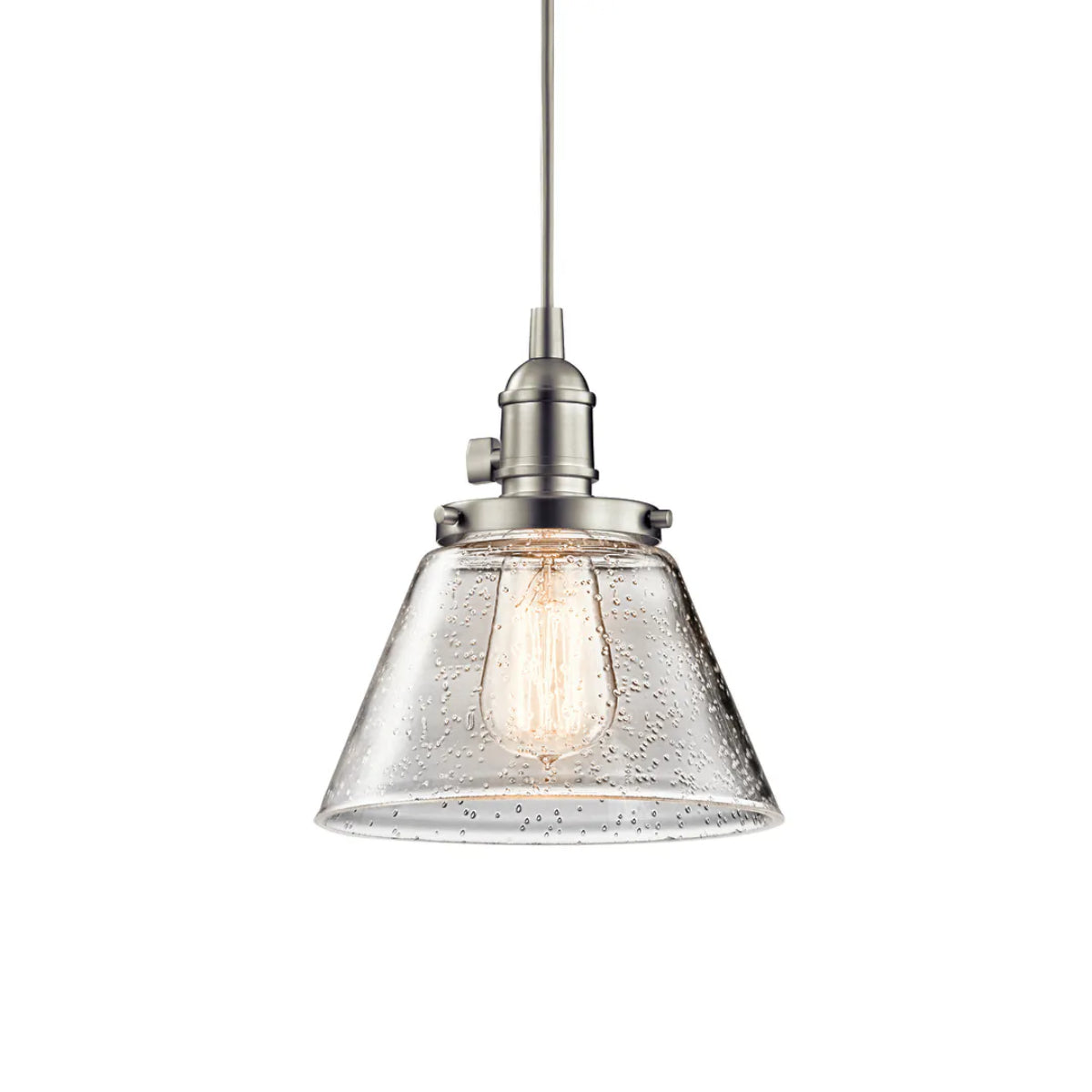 Avery 9" 1-Light Mini Cone Pendant Light with Clear Seeded Glass, Brushed Nickel Finish - Bees Lighting