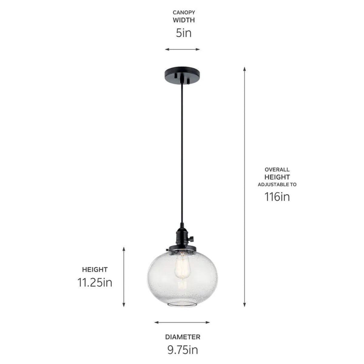 Avery 11" 1-Light Pendant Light with Clear Seeded Glass, Black Finish